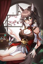  :d absurdres animal_ears architecture blurry blurry_background blush bracelet breasts brown_dress cleavage collarbone commentary detached_sleeves dress east_asian_architecture female fingernails fox_ears fox_girl fox_shadow_puppet fox_tail grabbing_own_tail green_bracelet green_eyes hair_between_eyes hand_up highres honkai:_star_rail honkai_(series) jewelry large_breasts lattice long_bangs medium_hair nq_(nnq_q) open_mouth pelvic_curtain ponytail round_window short_sleeves sidelocks sitting sleeveless sleeveless_dress smile solo symbol-only_commentary tail teeth thighs tingyun_(honkai:_star_rail) upper_teeth_only white_sleeves window yokozuwari 