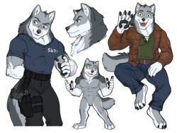  4:3 abs amber_eyes anthro bottomwear canid canine canis clothing cockiestspaniel dane_wolfrich_(grizzlygus) denim denim_bottomwear denim_clothing gun handgun holster holstered_pistol jacket jeans leather leather_clothing leather_jacket leather_topwear male mammal muscular pants pistol police police_officer ranged_weapon shirt solo swat t-shirt tactical_gear topwear weapon wolf 