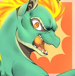  2018 angry asian_mythology bust_portrait chinese_mythology countershade_scales countershading digital_drawing_(artwork) digital_media_(artwork) dragon east_asian_mythology eyelashes female feral fire flaming_hair green_body green_scales kasusei longma looking_at_viewer maremare mythological_creature mythological_equine mythological_scalie mythology open_mouth orange_eyes portrait pseudo_hair pupils scales scalie sei_kasu sharp_teeth simple_background slit_pupils solo teeth them&#039;s_fightin&#039;_herds tianhuo_(tfh) 