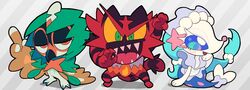  ambiguous_gender anthro decidueye gashi-gashi generation_7_pokemon group incineroar nintendo pokemon pokemon_(species) primarina sharp_teeth starter_trio teeth toony trio 