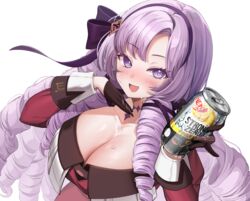  absurdres alcohol bare_shoulders breasts can choker cleavage dress drill_hair female gloves hair_ribbon highres hyakumantenbara_salome hyakumantenbara_salome_(1st_costume) juliet_sleeves large_breasts long_hair long_sleeves looking_at_viewer nijisanji off_shoulder open_mouth puffy_sleeves purple_eyes purple_hair red_dress ribbon solo strong_zero suisen_(suisenhwa) virtual_youtuber 