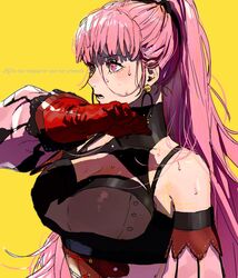  91007 breasts cleavage commentary earrings female fire_emblem fire_emblem:_three_houses gloves highres hilda_valentine_goneril jewelry large_breasts long_hair open_mouth pink_eyes pink_hair ponytail simple_background solo sweat upper_body very_long_hair yellow_background 