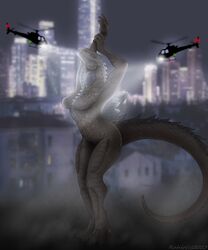  2023 5:6 aircraft anthro breasts city cityscape digital_media_(artwork) dragon featureless_breasts female godzilla godzilla_(series) helicopter hi_res kaiju macro mythological_creature mythological_scalie mythology night nude pose rahir_(artist) reptile scalie searchlight solo tail toho vehicle zilla 