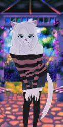  absurd_res anthro blue_eyes blurred_background bottomwear clothing cutoffs denim denim_bottomwear denim_clothing devin_(yeetboi420z) digital_media_(artwork) domestic_cat felid feline felis female flower fur gazebo hair hands_on_knees hands_on_legs hi_res ibispaint_(artwork) leaning leaning_forward legwear looking_at_viewer mammal pattern_clothing plant shorts solo striped_clothing stripes sweater thigh_highs topwear white_body white_fur white_hair yeetboi420z 