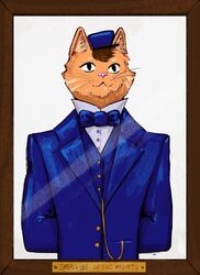  ambiguous_gender anthro bow_tie clothed clothing colored domestic_cat drawfee_(copyright) drawtectives english_text facial_markings felid feline felis felix_(drawtectives) fully_clothed fur head_markings hi_res inner_ear_fluff itskatieclearly mammal markings orange_body orange_fur photo picture_frame pink_nose prick_ears shaded smile solo striped_body striped_fur stripes suit suit_jacket text tuft whiskers 