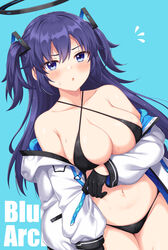  bare_shoulders bikini black_bikini black_gloves blue_archive blue_background blue_eyes blue_hair blush breasts cleavage collarbone copyright_name female gloves hair_ornament halo highres horosuke jacket large_breasts long_hair long_sleeves looking_at_viewer navel off_shoulder open_clothes open_jacket open_mouth sidelocks solo sweat swimsuit two_side_up white_jacket yuuka_(blue_archive) 