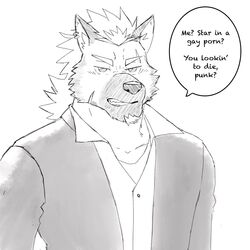  1:1 after2 anthro blazer canid canine canis clothing dialogue english_text facial_hair goatee half-length_portrait hi_res male mammal portrait scar solo stated_heterosexuality stated_sexuality suit text wolf 