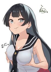  absurdres agano_(kancolle) artist_logo artist_name black_hair black_necktie black_sailor_collar blue_eyes breast_hold breasts commentary_request female highres kantai_collection lanthan long_hair looking_at_viewer necktie one-hour_drawing_challenge red_skirt sailor_collar sailor_shirt shirt skirt sleeveless sleeveless_shirt solo upper_body white_shirt 