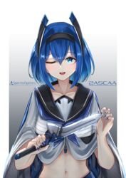  2a5caa_(sarasadou_dan) :d blue_eyes blue_hair blue_nails breasts collarbone female glint grey_background hairband highres holding holding_knife knife looking_at_viewer medium_breasts midriff navel one_eye_closed open_mouth original sarasadou_dan school_uniform serafuku smile solo upper_body white_background zipper 