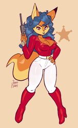  2023 5_fingers absurd_res anthro bad_trigger_discipline big_breasts blue_hair boots bottomwear breasts canid canine carmelita_fox cleavage clothed clothing female fingers footwear fox fur gun hair hand_on_hip handgun hi_res high_heeled_boots high_heels holding_gun holding_handgun holding_object holding_ranged_weapon holding_revolver holding_weapon jamoart knee_boots knee_highs leggings legwear looking_at_viewer mammal medium_breasts orange_body orange_eyes orange_fur pants pose ranged_weapon red_boots red_clothing red_footwear red_topwear revolver simple_background sly_cooper_(series) solo sony_corporation sony_interactive_entertainment sucker_punch_productions tan_background topwear weapon white_bottomwear white_clothing white_leggings white_legwear white_pants 