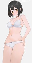  absurdres black_hair blush bra breasts cleavage collarbone commentary dated female highres idolmaster idolmaster_cinderella_girls light_smile looking_at_viewer medium_breasts midriff navel onao panties see-through short_hair simple_background solo takafuji_kako underwear underwear_only undressing white_background white_bra white_panties yellow_eyes 