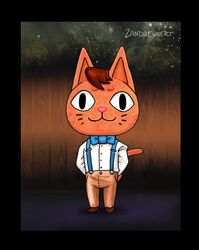  ambiguous_gender animal_crossing anthro bottomwear bow_tie brown_hair clothed clothing colored domestic_cat drawfee_(copyright) drawtectives dress_shirt eyebrows facial_markings felid feline felis felix_(drawtectives) full-length_portrait fully_clothed fur hair head_markings hi_res mammal markings nintendo orange_body orange_fur pants pink_nose portrait prick_ears shaded shirt smile solo striped_body striped_fur stripes style_emulation suspenders tail topwear whiskers zandrewbert 