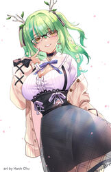  absurdres antlers black_choker black_skirt blue_ribbon breasts cardigan ceres_fauna ceres_fauna_(jirai_kei) choker cleavage corset earrings falling_petals female flower glasses green_hair hair_flower hair_ornament hair_ribbon hanh_chu high-waist_skirt highres hololive hololive_english horns jewelry jirai_kei large_breasts long_hair long_sleeves looking_at_viewer mole mole_under_eye official_alternate_costume petals ribbon see-through shirt simple_background skirt smile solo two_side_up virtual_youtuber white_background white_shirt yellow_eyes 