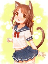  absurdres animal_ears bell blue_skirt blush bow bowtie braid breasts brown_eyes brown_hair cat_ears cat_girl cat_tail female hair_bell hair_ornament highres long_hair oerba_yun_fang open_mouth original paw_print red_bow red_bowtie sailor_collar school_uniform serafuku short_sleeves simple_background skin_fang skirt solo suzushiro_(gripen39) tail thighhighs white_background 