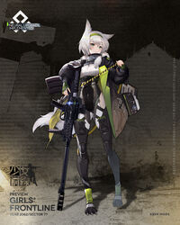  animal_ears armor artist_request bangs blush character_name coat copyright_name covered_navel eyebrows_visible_through_hair female fur_collar girls_frontline green_eyes green_hairband gun hairband highres holding holding_gun holding_weapon ksvk_(girls_frontline) ksvk_12.7 long_sleeves mod3_(girls_frontline) official_art paw_shoes pocket shoes short_hair silver_hair smile solo standing tail weapon 