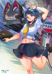  abs absurdres arm_up bad_id bad_pixiv_id black_hair black_sailor_collar black_skirt blue_eyes breasts brown_footwear dated f.s. feet_out_of_frame female hairband highres large_breasts leg_up looking_at_viewer menace_(queen&#039;s_blade) midriff navel neckerchief official_art pleated_skirt queen&#039;s_blade sailor_collar setra short_hair sign skirt smile solo surreal thick_thighs thighs train watch wristwatch yellow_neckerchief 