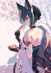  animal_ears backless_kimono beret black_hair breasts cherry_blossoms commentary_request dango erune female food gloves granblue_fantasy hat highres ilsa_(granblue_fantasy) ilsa_(yukata)_(granblue_fantasy) kiriyama2109 large_breasts petals red_eyes sanshoku_dango wagashi wide_sleeves 