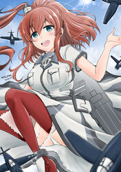  aircraft airplane anchor blue_eyes blue_sky breast_pocket breasts brown_hair cloud commentary_request dated day dress female flight_deck grey_dress hair_between_eyes hair_ornament high_side_ponytail highres kantai_collection large_breasts lens_flare matsuura@parao neckerchief one-hour_drawing_challenge open_mouth panties pantyshot pocket ponytail red_thighhighs round_teeth saratoga_(kancolle) saratoga_mk_ii_(kancolle) side_ponytail sidelocks sky smile smokestack solo sun teeth thighhighs twitter_username underwear upper_teeth_only white_panties 