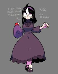  absurdres ahoge bags_under_eyes black_hair breasts cosplay dress english_text female full_body grey_background hairband hex_maniac_(pokemon) hex_maniac_(pokemon)_(cosplay) highres jaggy_lines large_breasts long_dress long_hair looking_down multicolored_hair noss_(rariatto) original poke_ball pokemon pokemon_xy puffy_sleeves purple_hairband rariatto_(ganguri) ribbed_sweater sidelocks smile streaked_hair sweater two-tone_hair wavy_mouth 