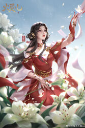  absurdres arm_up artist_request bare_shoulders blue_sky bracelet bug butterfly detached_collar double_bun dress falling_petals female flower hair_bun hair_ornament highres huo_linger_(wanmei_shijie) jewelry long_hair looking_up parted_lips petals purple_eyes red_dress second-party_source short_sleeves sky solar_term solo teeth wanmei_shijie white_flower 