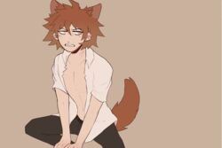  2019 2d_animation ahoge alternate_species animal_humanoid animated black_bottomwear black_clothing black_pants bottomwear brown_background brown_hair canid canid_humanoid canine canine_humanoid clothed clothing danganronpa danganronpa_2 ear_twitch eyebrows fully_clothed hair hajime_hinata humanoid humanoidized light_body light_skin looking_aside loop male mammal mammal_humanoid open_clothing open_shirt open_topwear pants prisile shirt short_hair short_playtime simple_background slim slim_male solo spike_chunsoft subtle_animation tail tail_motion tailwag teeth topwear white_clothing white_shirt white_topwear yellow_eyes 