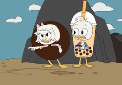  anatid anseriform anthro avian beverage bird bubble_tea bubble_tea_costume day detailed_background dewey_duck disney duck ducktales duo female food_costume group hi_res kigtoons male outside webby_vanderquack 