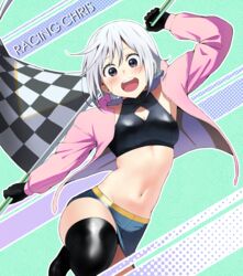  :d alternate_costume black_gloves black_thighhighs blush breasts chris_(konosuba) commentary_request female flag gloves green_background green_skirt grey_hair highres holding holding_flag izawa_(bhive003) jacket knee_up kono_subarashii_sekai_ni_shukufuku_wo! long_sleeves medium_breasts multicolored_background navel open_clothes open_jacket race_queen short_hair skirt smile solo stomach teeth thighhighs upper_teeth_only 