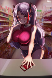  :q absurdres azur_lane blush breasts buying_condoms commentary_request condom_box crop_top female grey_hair grey_shorts hair_between_eyes heart heart-shaped_pupils heart_in_eye highres large_breasts long_hair looking_at_viewer multicolored_hair naughty_face navel okamoto_condoms photoshop_(medium) prinz_eugen_(azur_lane) red_hair red_shirt shirt shop short_shorts shorts sleeveless sleeveless_shirt smile solo streaked_hair symbol-shaped_pupils symbol_in_eye thighs tongue tongue_out two_side_up urarasy very_long_hair 