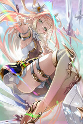  absurdres blonde_hair blush bound bound_arms braid braided_bangs breasts clothes_between_thighs commentary elbow_pads elf epic_seven female finger_cots floating floating_object floating_weapon flower full_body green_eyes hair_flower hair_ornament hairband highres iseria_(epic_seven) l.f. long_hair looking_at_viewer medium_breasts multiple_swords no_panties outdoors pointy_ears skirt skirt_set solo thigh_strap thighhighs thorns thumb_ring white_flower 