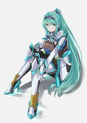  blush breasts chest_jewel earrings female full_body gloves green_eyes green_hair grey_background high_heels highres jewelry large_breasts long_hair pneuma_(xenoblade) ponytail sarasadou_dan simple_background sitting smile solo spoilers swept_bangs tiara very_long_hair xenoblade_chronicles_(series) xenoblade_chronicles_2 