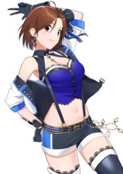  absurdres antenna_hair arm_behind_back arm_up armpits belt belt_buckle black_gloves black_shorts boots breasts brown_eyes brown_hair buckle cleavage cleavage_cutout clothing_cutout crop_top earrings female gloves half_gloves hand_on_own_hip hat highres idolmaster idolmaster_cinderella_girls idolmaster_cinderella_girls_starlight_stage jacket jewelry lace lace-trimmed_legwear lace_trim looking_at_viewer medium_breasts mini_hat mini_top_hat mizuki_seira navel onao short_hair short_sleeves shorts simple_background sleeveless smile solo suspenders thigh_boots thighhighs top_hat white_background 