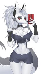  2020 anthro bottomwear breasts canid canid_demon canine cellphone clothed clothing collar demon digital_media_(artwork) ear_piercing ear_ring electronics female fur gesture grey_body grey_fur hair hand_gesture hellhound helluva_boss hi_res holding_cellphone holding_object holding_phone loona_(helluva_boss) mammal middle_finger midriff mythological_canine mythological_creature mythology navel phone piercing ring_piercing shaded shorts simple_background smartphone solo spiked_collar spikes swetpot unavailable_at_source white_background white_body white_fur white_hair 