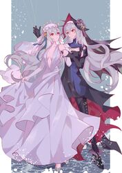  2girls absurdres ampheta arknights bare_shoulders black_dress black_flower black_footwear black_gloves black_headwear black_pantyhose blue_nails breasts center_opening chinese_commentary closed_mouth commentary_request detached_sleeves dress dual_persona eye_contact flower gloves grey_dress grey_footwear grey_hair grey_sleeves hair_between_eyes hat hat_flower high_heels highres juliet_sleeves long_hair long_sleeves looking_at_another medium_breasts multiple_girls nail_polish navel pantyhose puffy_sleeves red_eyes shoes sideboob sleeveless sleeveless_dress sleeves_past_wrists smile specter_(arknights) specter_the_unchained_(arknights) specter_the_unchained_(born_as_one)_(arknights) very_long_hair water white_headwear 