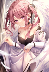  absurdres angel angel_wings black_choker black_ribbon breasts bridal_gauntlets choker commentary detached_sleeves dress falling_feathers feathers female hair_ribbon highres large_breasts looking_at_viewer original pink_hair ribbon short_sleeves skirt_hold smile solo tsukasa_tsubasa twintails white_dress wings 