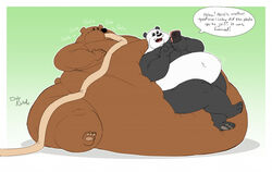  bear belly big_belly brown_bear cartoon_network dialogue duly_noted duo electronics force_feeding forced giant_panda grizzly_(we_bare_bears) grizzly_bear male male/male mammal moobs morbidly_obese obese open_mouth open_smile overweight panda_(we_bare_bears) paws phone sitting_on_another smile ursine we_bare_bears weight_gain 