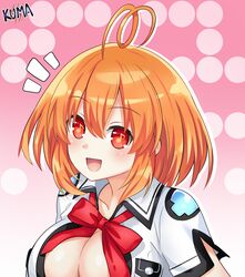  ahoge blush breasts cleavage female hair_between_eyes highres large_breasts lewdkuma marvelousaql_(neptunia) musical_note musical_note-shaped_pupils neptune_(series) orange_eyes orange_hair red_eyes red_ribbon ribbon shirt short_hair short_sleeves smile solo symbol-shaped_pupils 