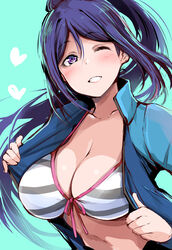  bikini bikini_under_clothes blue_hair bodysuit breasts cleavage collarbone diving_suit female gengoroh green_background heart highres large_breasts light_blush long_hair looking_at_viewer love_live! love_live!_sunshine!! matsuura_kanan one_eye_closed open_wetsuit parted_lips ponytail purple_eyes smile solo striped_bikini striped_clothes swimsuit upper_body wetsuit 