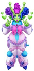  alien alien_humanoid antennae_(anatomy) bibi_bubbles_(dollightful) blue_hair clothed clothing colored dollightful_(copyright) eyebrows female full-length_portrait fully_clothed gesture green_body green_skin hair heart hi_res humanoid humanoid_pointy_ears multicolored_hair portrait purple_hair shaded solo soulspirited spacesuit v_sign 