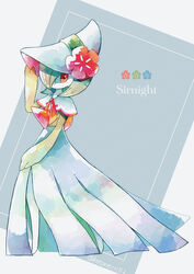  adjusting_clothes adjusting_headwear artist_name blue_background blue_flower bob_cut bonnet capelet character_name clothed_pokemon colored_skin commentary_request female flat_chest flower full_body gardevoir gardevoir_(fashionable) green_flower green_hair green_skin hair_over_one_eye hand_up hat hat_flower highres kotone11152 looking_back multicolored_skin one_eye_covered partial_commentary pokemon pokemon_(creature) pokemon_unite red_eyes red_flower red_trim short_hair signature simple_background solo standing twitter_username two-tone_background two-tone_skin white_capelet white_hat white_skin 