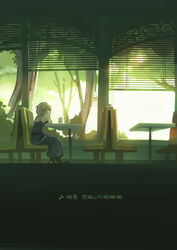  black_footwear blonde_hair blue_dress blue_eyes boots commentary_request couch dress female frederica_irving from_side highres huanxiang_huifeng indoors long_hair looking_away looking_to_the_side low_twintails on_couch sekaiju_no_meikyuu shin_sekaiju_no_meikyuu sitting solo table translated twintails window window_blinds 