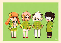  2boys 2girls a&#039;gen_(the_legend_of_luoxiaohei) animal animal_ears black_footwear black_hair black_pants blunt_bangs blush bun_cover cat_ears chinese_clothes feline green_background green_shirt hair_ornament highres holding holding_animal holding_cat huangshou_(the_legend_of_luoxiaohei) lolicon long_sleeves luo_xiaobai luo_xiaohei luo_xiaohei_(human) luo_xiaohei_zhanji mabi184 multiple_boys multiple_girls open_mouth orange_eyes orange_hair pants pink_eyes pink_hair red_footwear shanxin_(the_legend_of_luoxiaohei) shirt short_ponytail smile twintails white_hair white_pants 