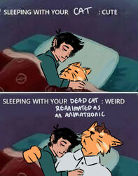  ambiguous_gender animatronic anthro bed brown_hair closed_eyes cuddling domestic_cat drawfee_(copyright) drawtectives duo english_text eugene_finch felid feline felis felix_(drawtectives) feral fur furniture hair human humor machine mammal meme mispronouncing-michaelangelo orange_body orange_fur robot sleeping text under_covers whiskers 