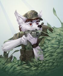  2019 5_fingers anthro athletic athletic_anthro athletic_male battle_rifle black_nose brown_hair camo camo_clothing camo_print canid canine canis clock clothing domestic_dog eyebrows fingers fn_fal front_view fur gradient_background gun hair hat headgear headwear hi_res leaf male mammal military military_clothing military_uniform outside patrol_cap pattern_clothing plant ranged_weapon red_eyes rhodesia shrub simple_background snout solo thepimpartist traditional_media_(artwork) uniform watch weapon white_body white_fur wishbone_mouth 