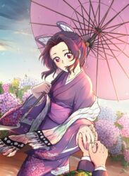  1boy blush brown_hair butterfly_hair_ornament collarbone couple day female floating_hair floral_print flower hair_ornament highres holding holding_umbrella hydrangea hydrangea_print japanese_clothes jewelry kimetsu_no_yaiba kimono kochou_shinobu long_sleeves looking_at_viewer nicha60606 oil-paper_umbrella open_mouth outdoors pov print_kimono purple_kimono purple_umbrella red_eyes ring short_hair smile straight tomioka_giyuu umbrella wedding_ring wide_sleeves yukata 