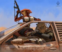  2019 ak_platform aks-74u anthro armor big_breasts blue_sky bottomwear breast_rest breasts car claws cleavage clothed clothing cobra desert digital_media_(artwork) dragon duo female gun horn inside_car lumixdragonfey_(artist) mad_max male mythological_creature mythological_scalie mythology ranged_weapon reptile rithe scalie shorts shotgun silel sky snake thigh_strap under_boob vehicle weapon wide_hips 