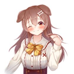  :3 absurdres animal_ears blush bone_hair_ornament bow breasts brown_eyes brown_hair commentary_request dog_ears dog_girl female hair_between_eyes hair_ornament highres hololive inugami_korone inugami_korone_(street) long_hair long_sleeves looking_at_viewer nyoon one_eye_closed orange_bow smile solo transparent_background virtual_youtuber 