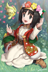  :d alternate_costume basket black_eyes black_hair brown_footwear comfey day dress dutch_angle erika_(holiday_2020)_(pokemon) erika_(pokemon) female full_body gonzarez grass hairband highres official_alternate_costume open_mouth outdoors pokemon pokemon_(creature) pokemon_masters_ex sitting smile wariza white_dress 