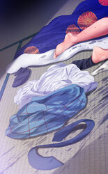  bad_id bad_twitter_id barefoot blanket commentary feet female fumihiko_(fu_mihi_ko) head_out_of_frame highres implied_masturbation indoors kitagawa_marin necktie pussy_juice_stain removing_sock skirt solo sono_bisque_doll_wa_koi_wo_suru sweatdrop tatami unworn_necktie unworn_shirt unworn_skirt 