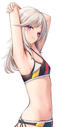  armpits arms_behind_head bikini breasts cleavage female from_side highres komori_met layered_bikini looking_at_viewer multicolored_bikini multicolored_clothes nanashi_inc. navel nishino_eri oerba_yun_fang purple_eyes side-tie_bikini_bottom sideboob simple_background skin_fang small_breasts smirk solo stomach swimsuit triangle_facial_mark v_ap_art virtual_youtuber white_background white_hair 