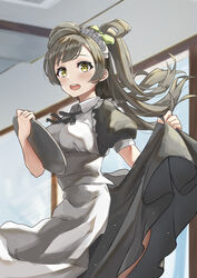  absurdres ahoge akiki_(kiki) apron ass birthday blush breasts clothes_lift commentary dress female half_updo highres holding holding_clothes holding_tray impossible_clothes light_brown_hair long_hair looking_at_viewer love_live! love_live!_school_idol_project maid maid_apron maid_headdress medium_breasts minami_kotori short_sleeves sidelocks skirt skirt_lift sleeveless sleeveless_dress smile solo thighs tray upper_body yellow_eyes 